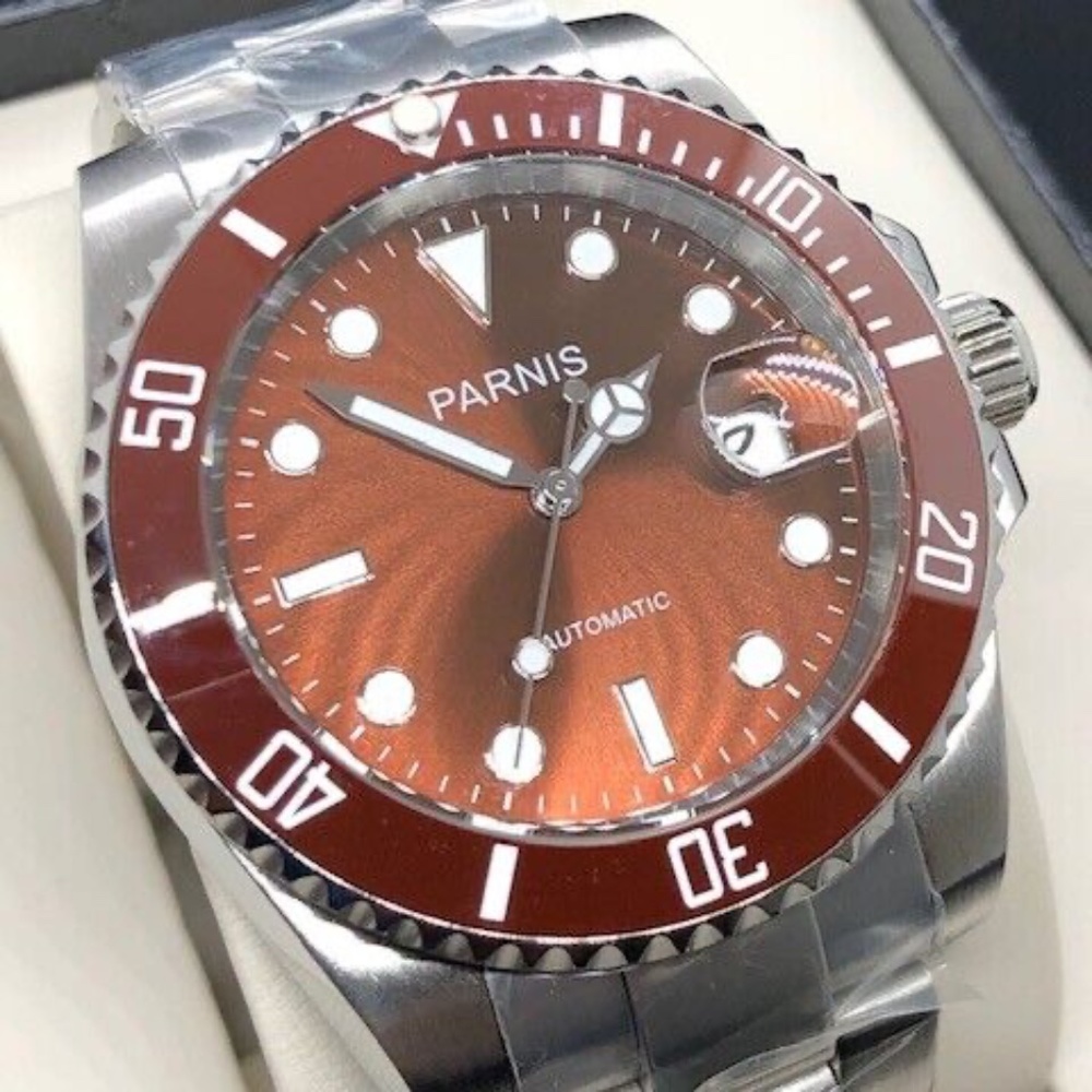 Parnis 40mm Coffee Brown Dial Sapphire Glass Ceramic Bezel Automatic Watch NEW!